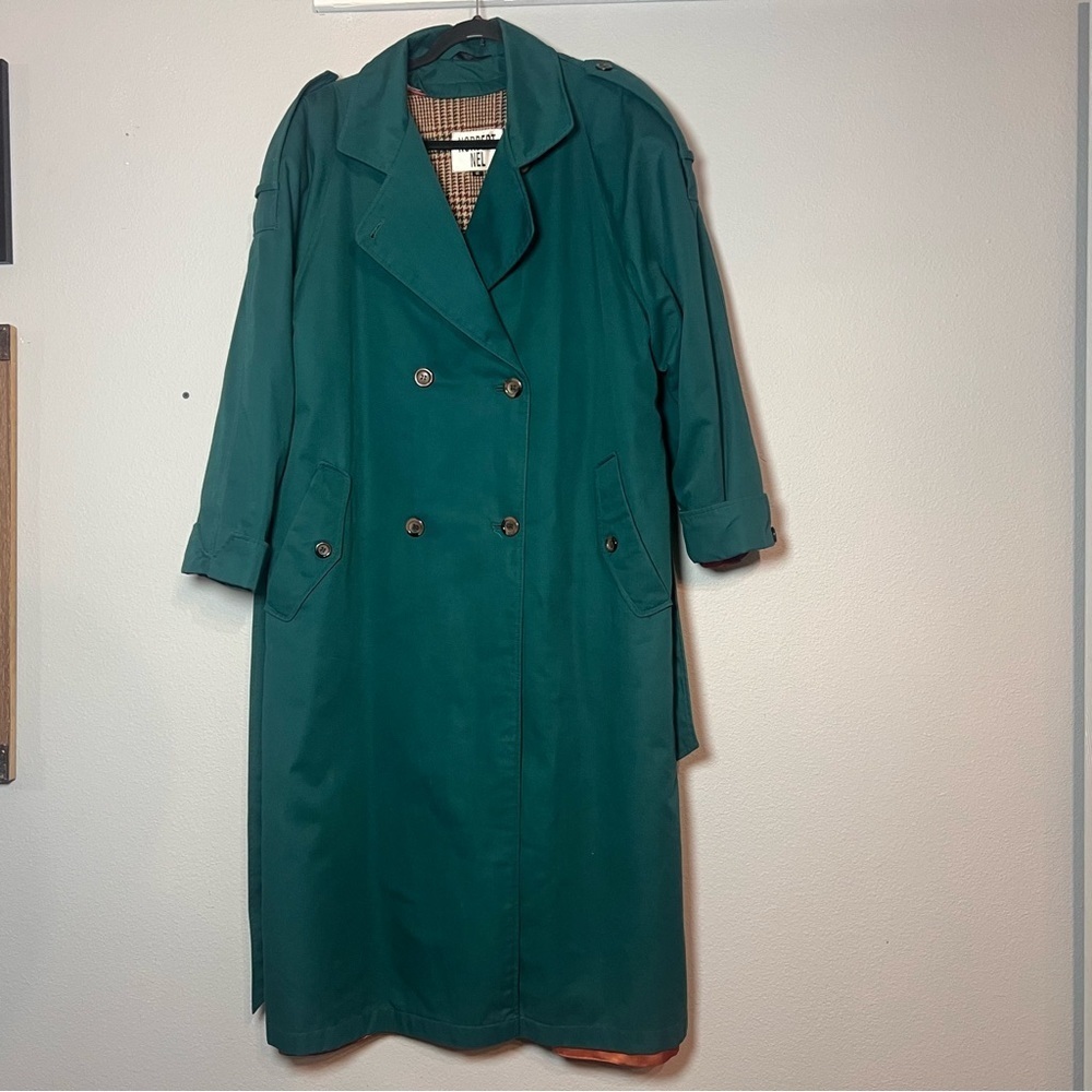 Vintage Double Breasted Trench Coat Womens Teal Green Size 12 Lined Long Belted - Picture 3 of 15